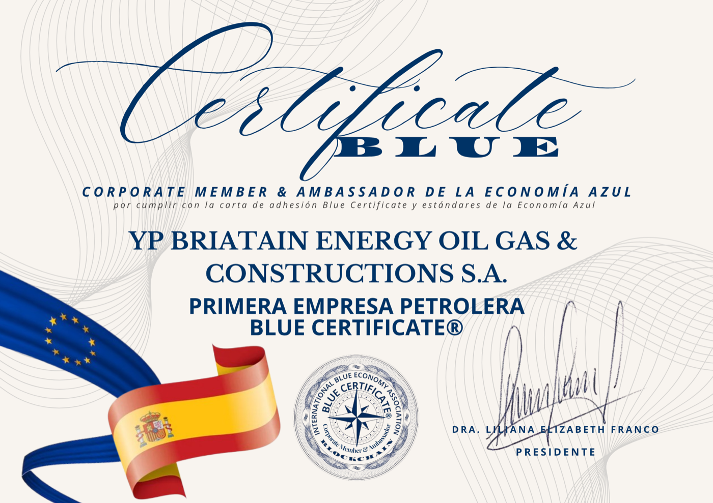 Certificado Blue Certificate - YP Briatain