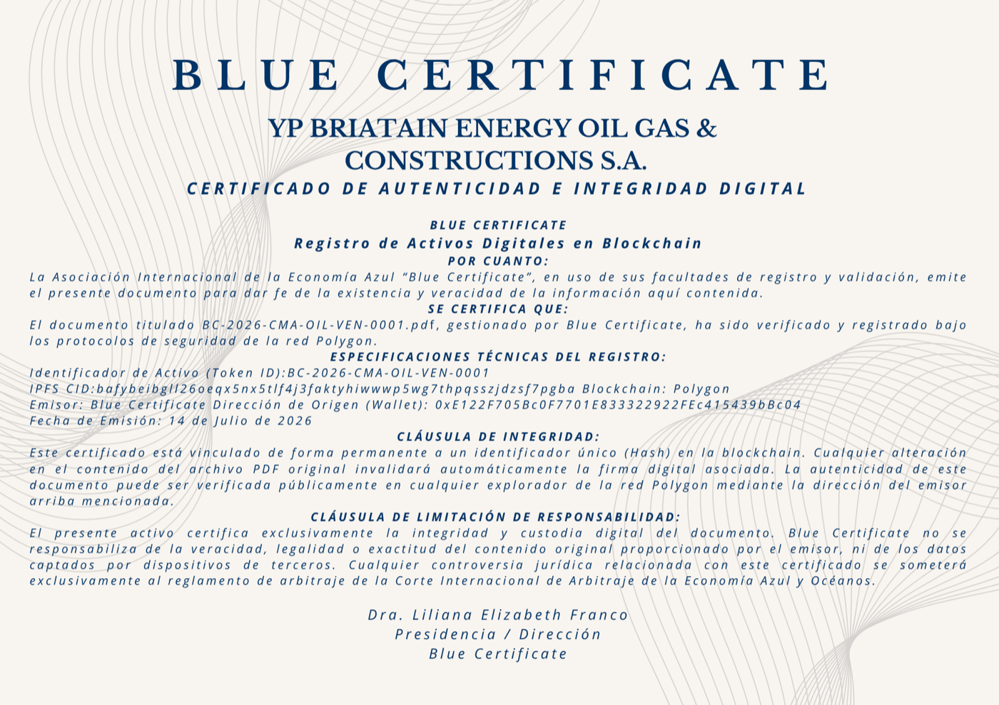 Ficha técnica - reverso del certificado